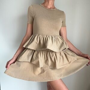 Zara Woman  Beige Ruffled 100% Cotton Tshirt Dress, size Small